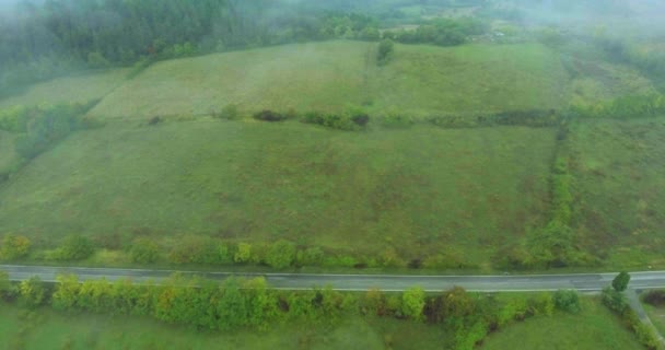 Aerial skott panoramautsikt över ängar och fält i Europa, fält och skog i sommar i dimma i regnigt väder. Helikopter skytte — Stockvideo