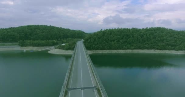 Panoramisch uitzicht op de brug verbindt twee oevers, op de achtergrond een kust met dichte vegetatie in regenachtig weer, luchtfoto — Stockvideo