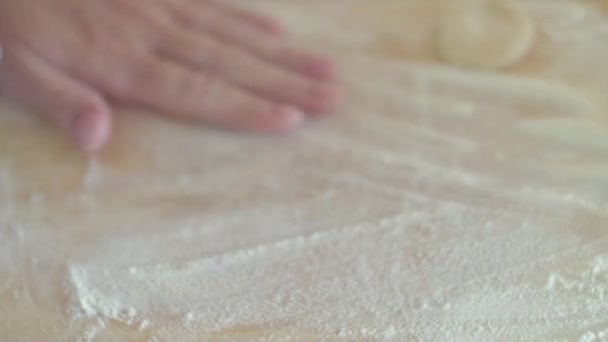 Les mains féminines roulent la pâte sous la forme d'un cercle avec un rouleau à pâtisserie sur la table, pour faire cuire des boulettes gros plan — Video