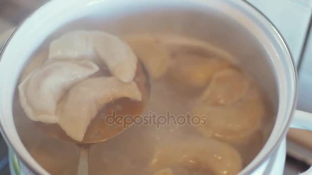 Knedlíky jsou vařené v hrnci s vroucí vodou. Horké knedlíky vybřednout z pánve pomocí naběračku. — Stock video