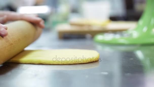 Mit einem Nudelholz rollt der Koch den Teig mit den Händen aus, um Pasta aus nächster Nähe zu kochen — Stockvideo