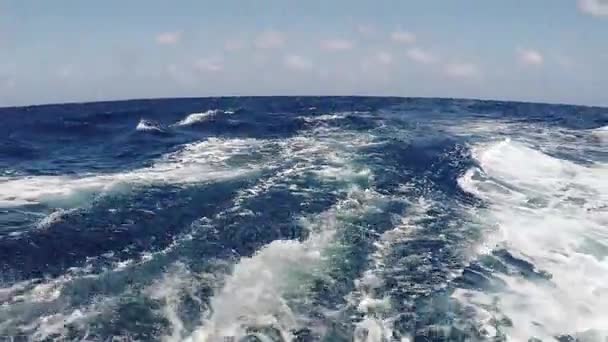 Vista trasera de la lancha motora, yate en mar abierto azul a alta velocidad. Rastros de agua detrás del barco, yate — Vídeos de Stock