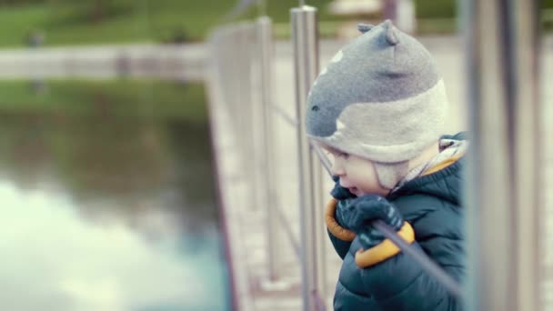 Menino bonito está de pé na orla, segurando as mãos sobre o corrimão, olhando para a lagoa no parque. LOW MOTION — Vídeo de Stock