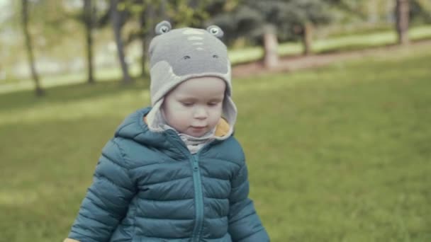 Söt frisk pojke i ytterkläder promenader längs det gröna gräset i området skogspark, Slowmotion, medium skott — Stockvideo