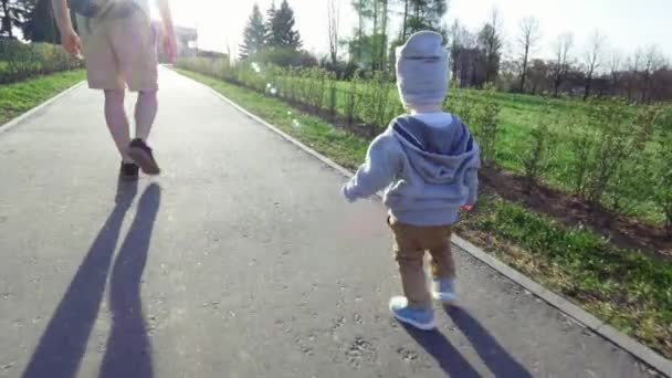 І Маленький хлопчик гуляють у день літнього парк в гарну погоду, вигляд зі спини — стокове відео