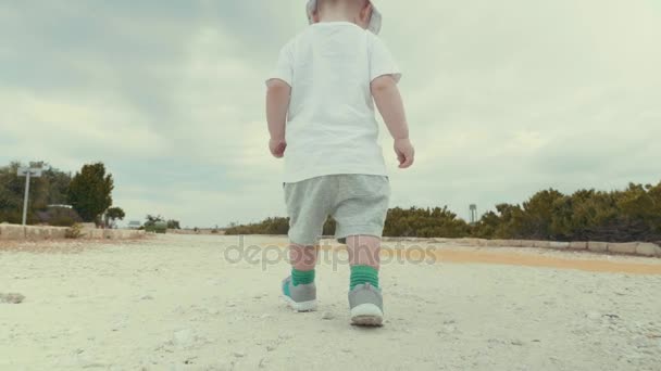 MOVIMIENTO Lento niño pequeño está caminando con pasos inciertos, vista trasera. Madre e hijo en lugar de turistas — Vídeo de stock