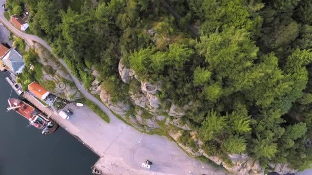 Helikoptervlucht over prachtige bergachtig terrein met dichte bossen, zee haven met boten — Stockvideo