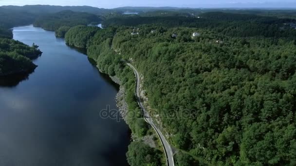 Línea aérea costera, hermoso paisaje marino. Mar azul claro y espeso bosque verde. Fiordo noruego — Vídeo de stock