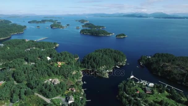 Magnificent landscape of the islands of the Norwegian fjord, mountains in the background, top view. — Stock Video