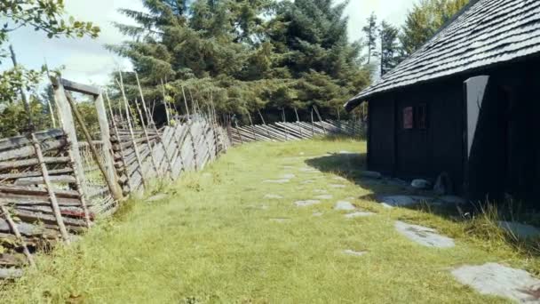 POV shot. Tourist walks on backyard of house in the Viking settlement. Vikinggard, Viking Farm. — Stock Video