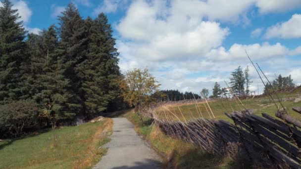 POV skott. Långsamt rör sig längs hängande, rangliga antika trästaket. Vikinggard, Viking gård. Norge — Stockvideo