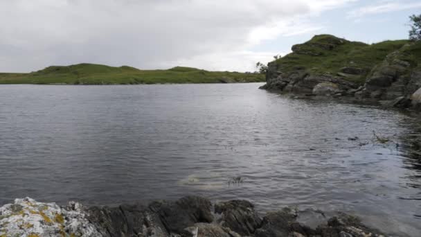 Típico hermoso paisaje marino en Noruega. Vista del río, el mar, el lago en clima nublado. Disparo estático — Vídeo de stock