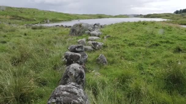 POV disparó. Alguien se está moviendo hacia el estanque, a lo largo del camino empedrado. Paso de piedra en piedra — Vídeo de stock