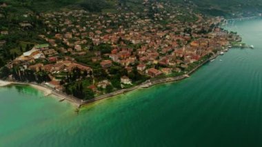 Flying over amazing seascape with beach coastline and city infrastructure nature landscape