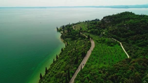 Shooting from helicopter beautiful nature island covered by green forest tree sea smooth surface — ストック動画