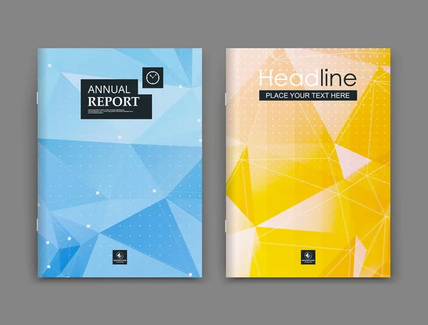 Abstract polygonal font. Text frame surface. Blue, yellow a4 brochure cover design. Title sheet model set. Triangle part icon. Modern vector front page. Ad banner form texture. Flier fiber. Header box Royalty Free Stock Illustrations