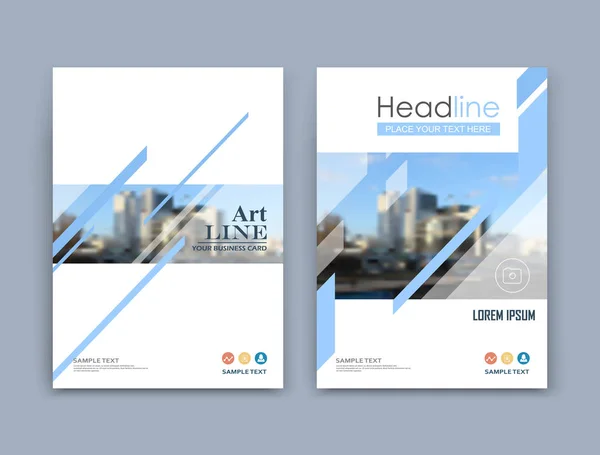 Abstract a4 brochure cover design. Text frame surface. Urban city view font. Title sheet model set. Modern vector front page. Brand logo. Info banner texture. Blue lines figure icon. Ad flyer fiber — Stock Vector