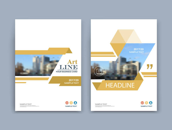 Abstract a4 brochure cover design. Info banner text frame mockup. Urban city view font. Title sheet model set. Modern vector front page. Brand logo texture. Yellow triangle figure icon. Ad flyer fiber