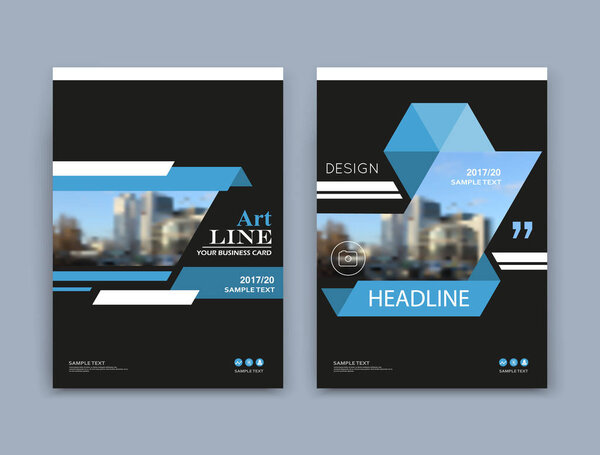 Abstract a4 brochure cover design. Info banner text frame mockup. Urban city view font. Title sheet model set. Modern vector front page. Brand logo texture. Blue triangle figure icon. Ad flyer fiber