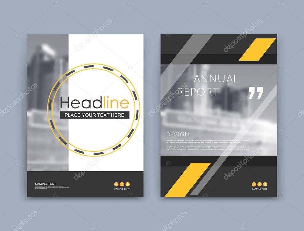 Abstract a4 brochure cover design. Text frame surface. Urban city view font. Title sheet model set. Modern vector front page. Brand logo. Firm banner texture. Yellow circle figure icon. Ad flyer