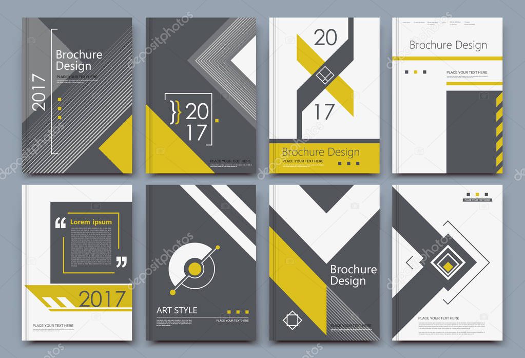 Abstract composition. White a4 brochure cover design. Info banner frame. Text font. Title sheet model set. Modern vector front page. Brand logo texture. Yellow color figures image icon. Ad flyer fiber