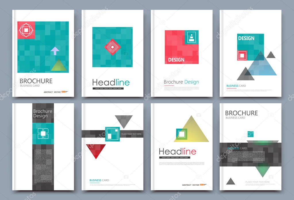 Abstract composition. White a4 brochure cover design. Patch info banner frame. Text font. Title sheet model set. Modern vector front page. Brand logo texture. Color figures image icon. Ad flyer