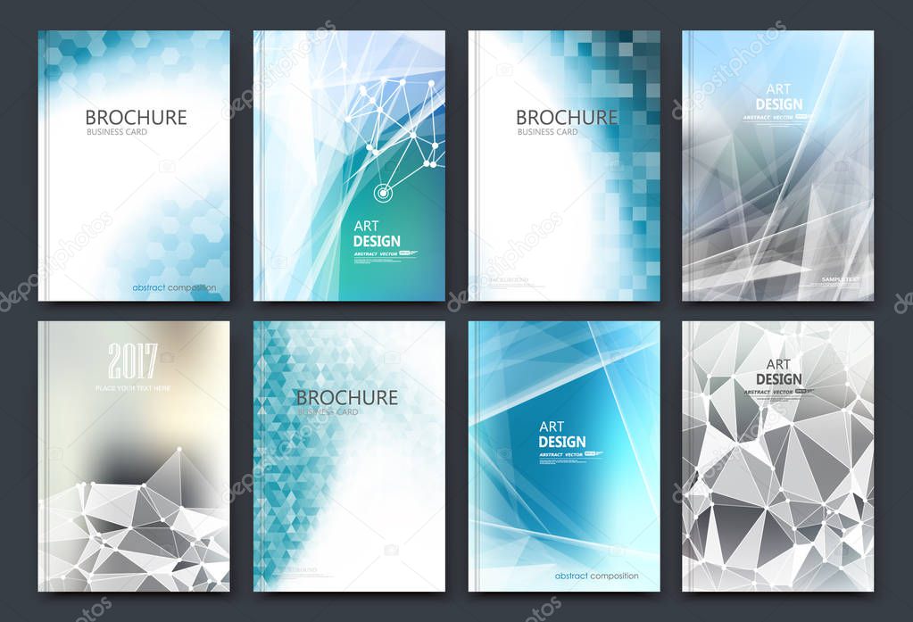 Abstract composition. White a4 brochure cover design. Patch info banner frame. Text font. Title sheet model set. Modern vector front page. Polygonal texture. Colored figures image icon. Ad flyer fiber