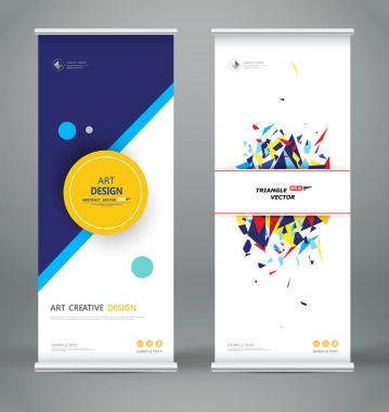 Abstract roll up. Brochure cover design. Creative round text frame font. Title sheet model set. Modern vector front page. Blue, yellow triangle figure icon. Geometric shapes brand flag. Ad flyer fiber clipart