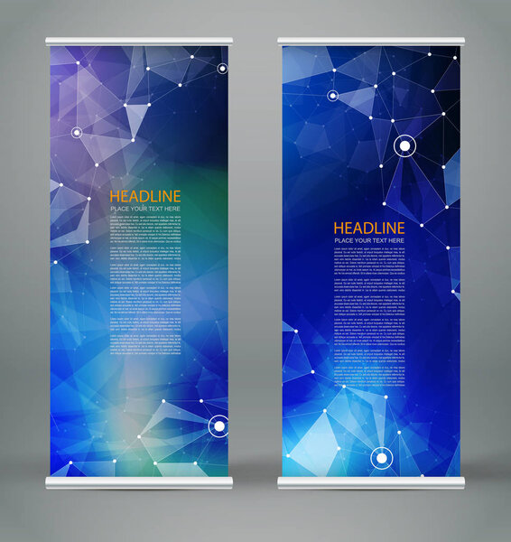 Abstract composition. Blue roll up brochure cover design. Info banner frame. Text font. Title sheet model set. Modern vector front page. Brand flag. Polygonal facets figure image icon. Ad flyer fiber
