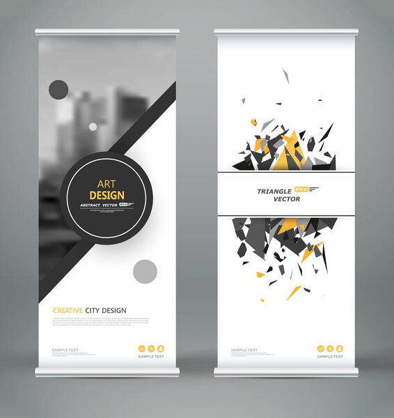 Abstract composition. White roll up brochure cover design. Info banner frame. Text font. Title sheet model set. Modern vector front page. City view brand flag. Triangle figures icon. Ad flyer fiber
