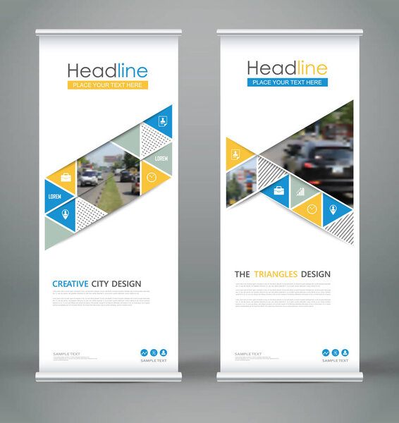 Abstract composition. White roll up brochure cover design. Info banner frame. Text font. Title sheet model set. Modern vector front page. City view brand flag. Triangle figures icon. Ad flyer fiber