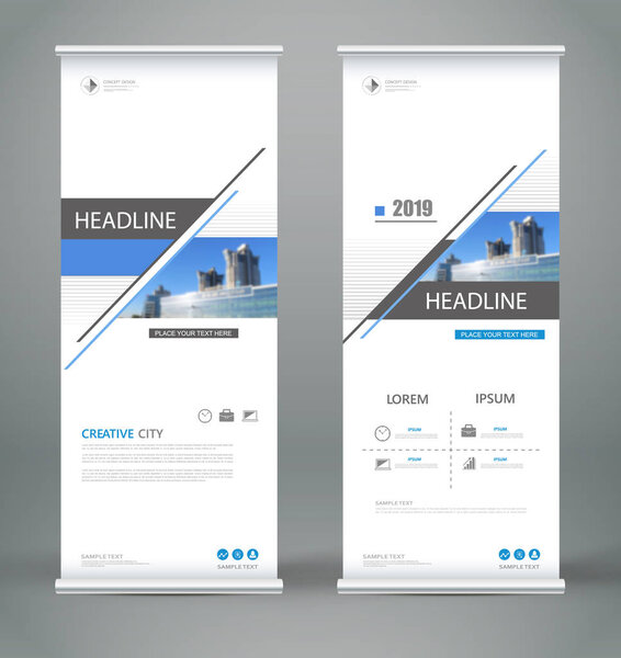 Abstract composition. White roll up brochure cover design. Info banner frame. Text font. Title sheet model set. Modern vector front page. City view brand flag. Triangle figures icon. Ad flyer fiber