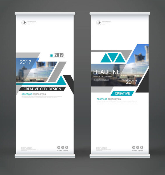 Abstract composition. White roll up brochure cover design. Info banner frame. Text font. Title sheet model set. Modern vector front page art. City view brand flag. Triangle figure icon. Ad flyer fiber