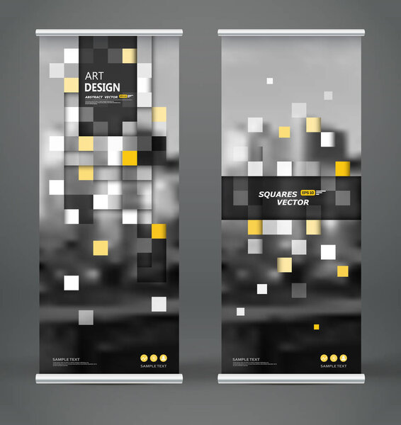 Abstract composition. Black roll up brochure cover design. Info banner frame. Text font. Title sheet model set. Modern vector front page. City view brand flag. Box block figures icon. Ad flyer fiber