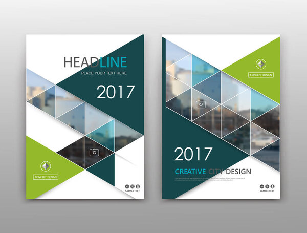 Abstract binder layout. White a4 brochure cover design. Fancy info text frame. Creative ad flyer font. Title sheet model set. Modern vector front page. City view banner. Green figure mosaic icon fiber