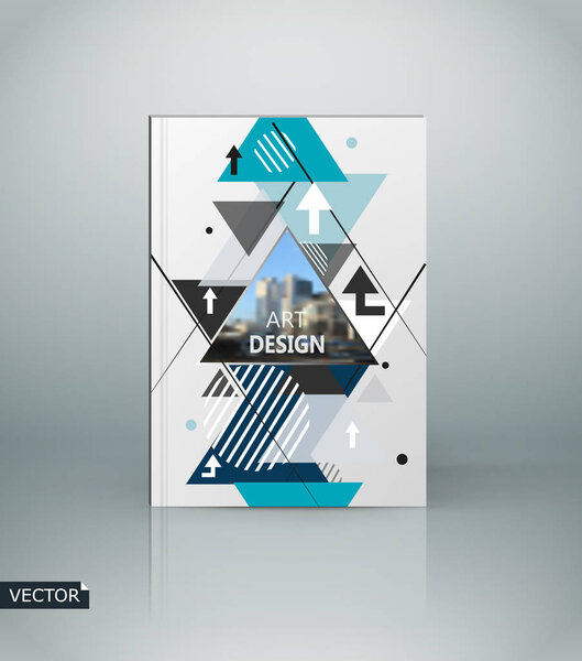 Abstract blurb theme. White brochure cover design. Info banner frame. Fancy text font. Title sheet model. Hi tech vector front page. Urban city view texture. Blue triangle figure icon. Ad flyer fiber
