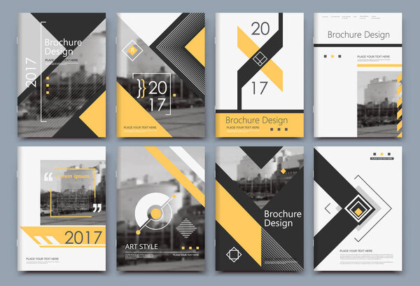 Abstract binder art. White a4 brochure cover design. Info banner frame. Elegant ad flyer text font. Title sheet model set. Fancy vector front page. City view blurb. Yellow lines, box block figure icon