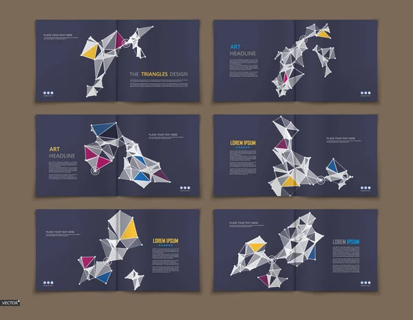 Abstrakter niedriger polygonaler Klappentext. Raum Infobroschüre Design. futuristischer Bannerrahmen. moderne Textschrift für Werbeflyer. schwarzes Titelblatt-Modellset. schicke Vektorgrafik auf der Titelseite. Patch-Dreieck Facette Figur Symbol — Stockvektor