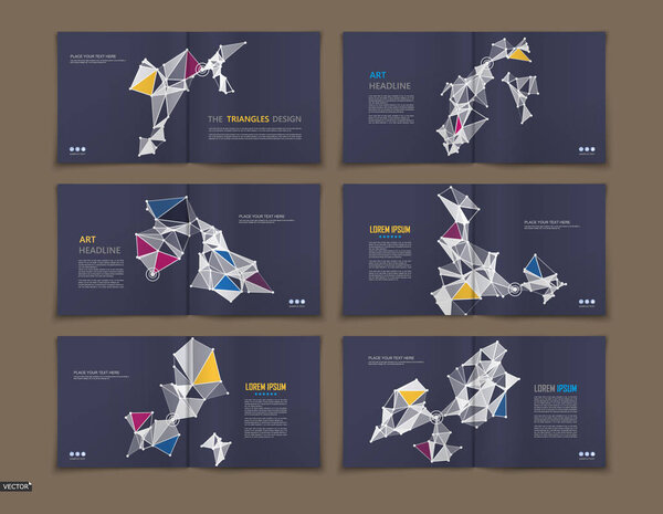 Abstract low polygonal blurb. Space info brochure design. Futuristic banner frame. Modern ad flyer text font. Black title sheet model set. Fancy vector front page art. Patch triangle facet figure icon