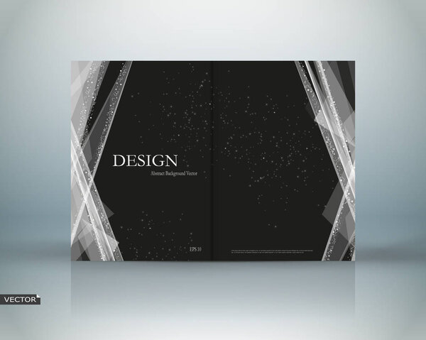 Abstract binder. Black polygonal a4 brochure cover design. Info banner frame. Elegant ad flyer text font. Title sheet model set. Fancy vector front page. Blurb texture. White light lines figure icon