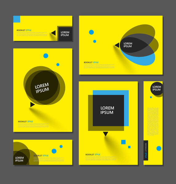 Abstract flyer art. Yellow brochure cover design. Info banner frame. Elegant ad text font. Title sheet model set. Fancy vector front page. Square printed blurb. Blue, black figures icon. Diary binder