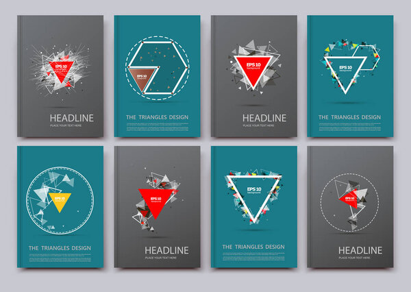 Abstract flyer art. Green, grey brochure cover design. Info banner frame. Elegant ad text font. Title sheet model set. Fancy vector front page. Printed blurb. Yellow, red figures icon. Diary binder