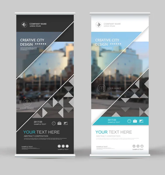 Abstract brochure cover set. White, black roll up design. Info banner frame. Ad text font. Title sheet model. Modern vector front page. City view brand flag. Blue triangle figure icon. Art flyer fiber Royalty Free Stock Vectors