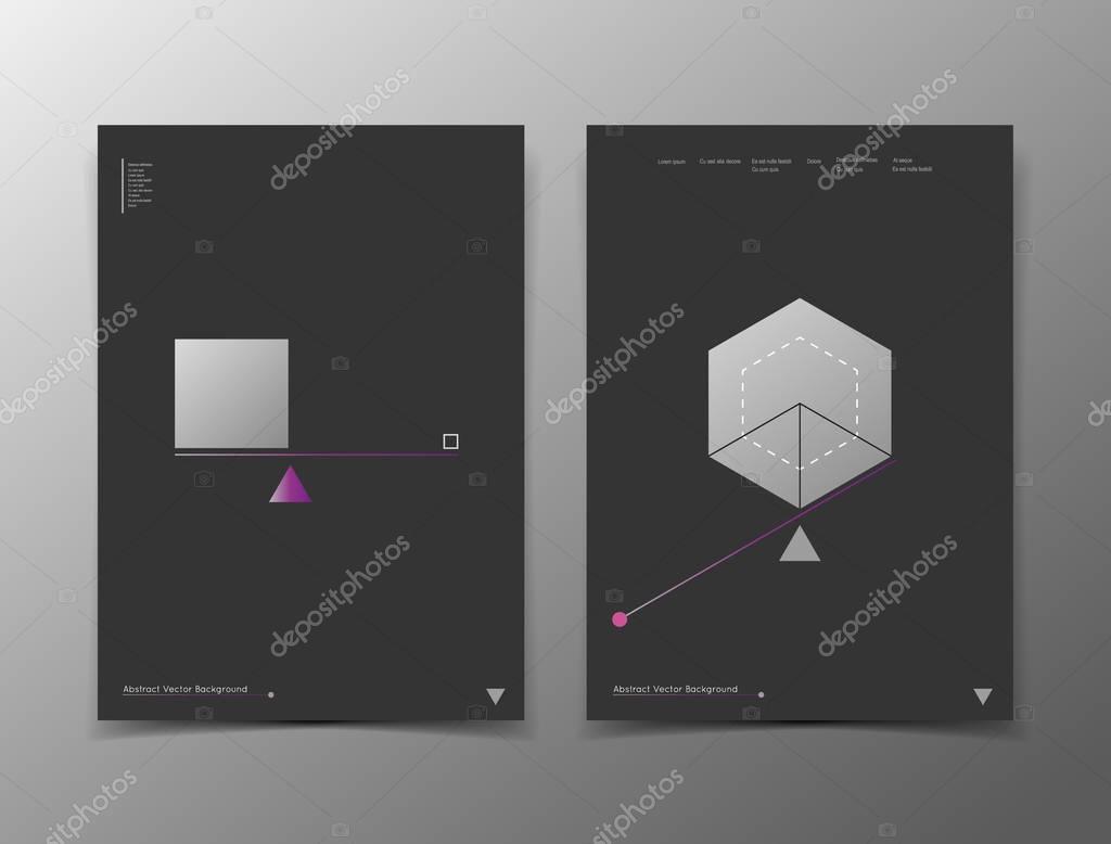 Abstract composition. White, black a4 brochure cover design. Info banner frame. Text font. Title sheet model set. Modern vector front page. Brand logo. Grey color figures image icon. Ad flyer