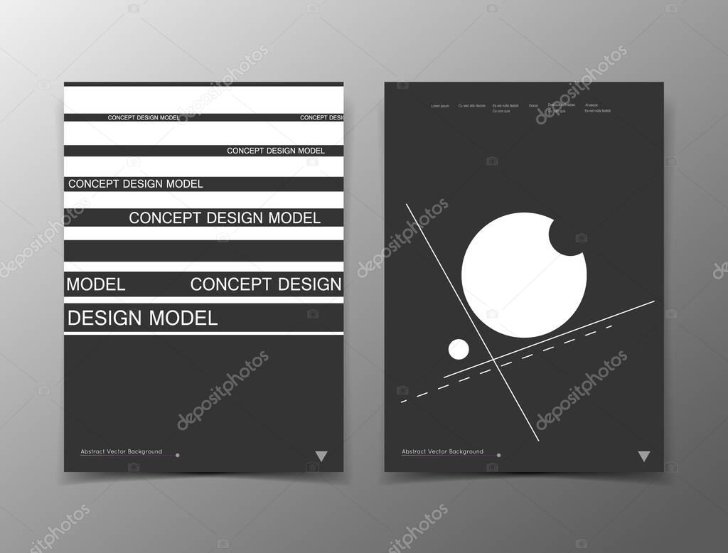 Abstract composition. White, black a4 brochure cover design. Info banner frame. Text font. Title sheet model set. Modern vector front page. Brand logo texture. Strip figures image icon. Ad flyer