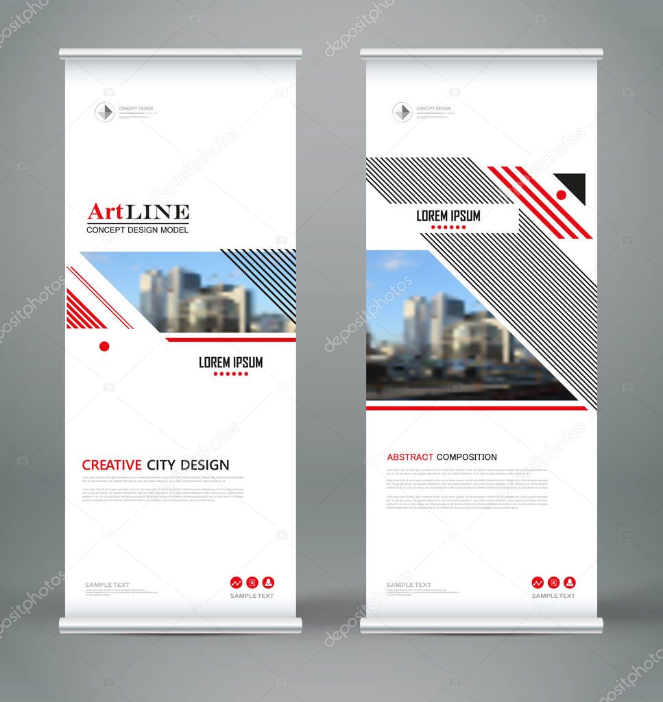 Abstract composition. White roll up brochure cover design. Info banner frame. Text font. Title sheet model set. Modern front page. City view brand flag. Red, black line figures icon. Ad flyer fiber