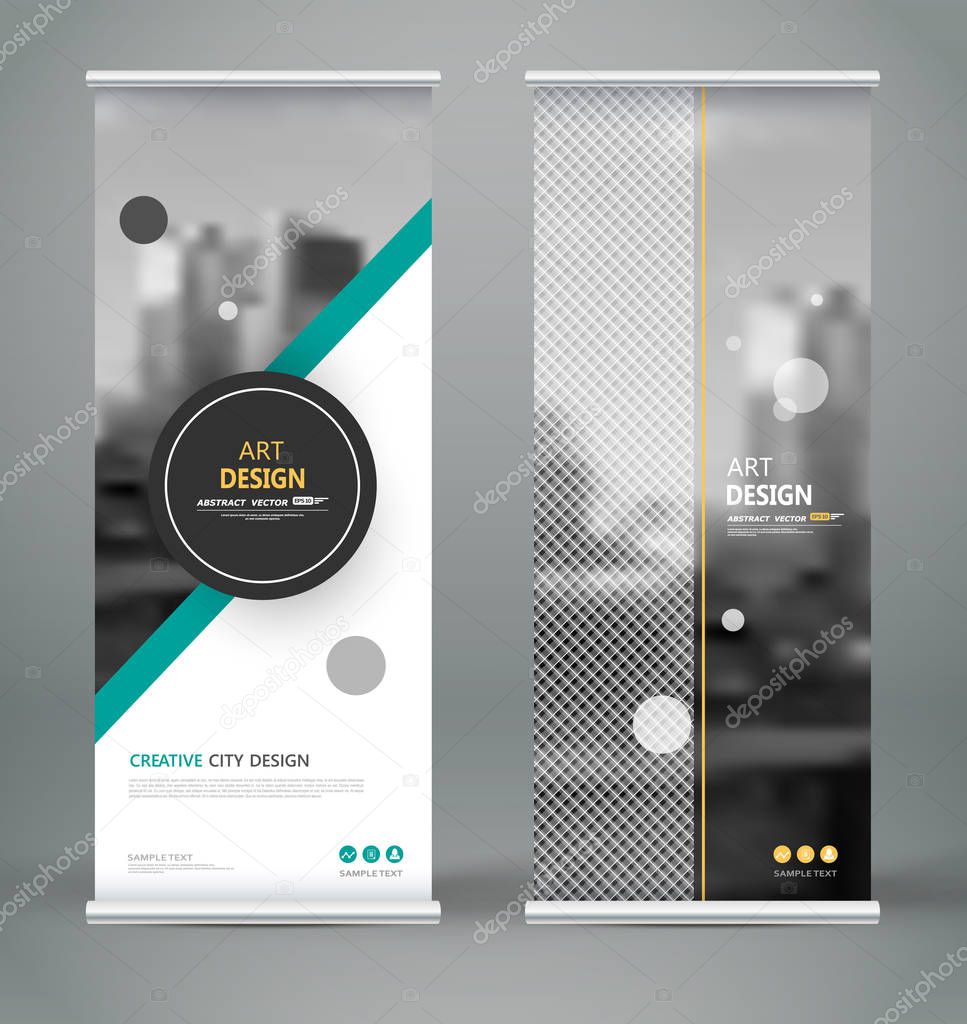 Abstract composition. White roll up brochure cover design. Info banner frame. Text font. Title sheet model set. Modern vector front page. City view brand flag. Triangle figures icon. Ad flyer fiber