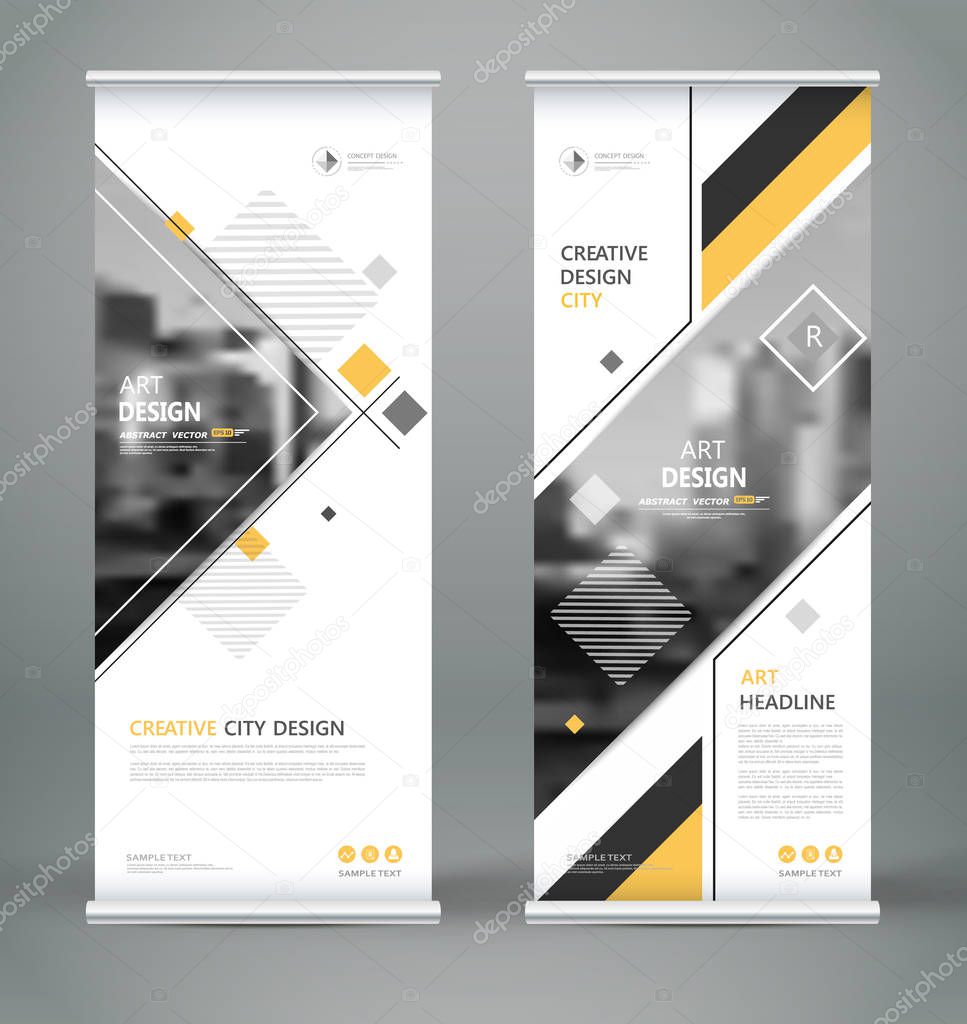 Abstract composition. White roll up brochure cover design. Info banner frame. Text font. Title sheet model set. Modern vector front page. City view brand flag. Triangle figures icon. Ad flyer fiber