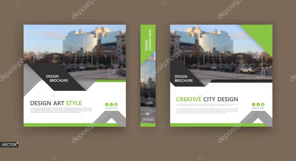 Abstract composition. White brochure cover design. Info banner frame. Text font. Title sheet model set. Modern vector front page. City view texture. Green triangle figures image icon. Ad flyer fiber