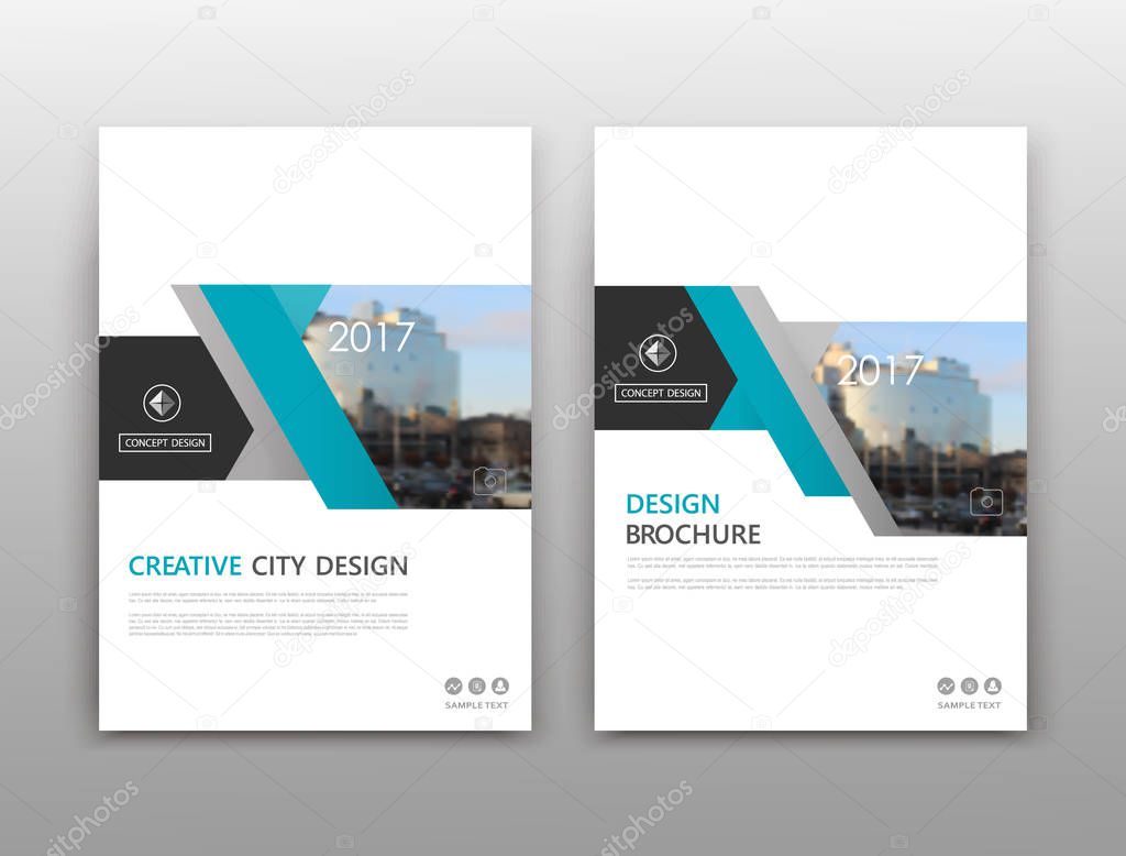 Abstract composition. White a4 brochure cover design. Info banner frame. Text font. Title sheet model set. Modern vector front page. City view texture. Green figures image icon. Elegant ad flyer fiber